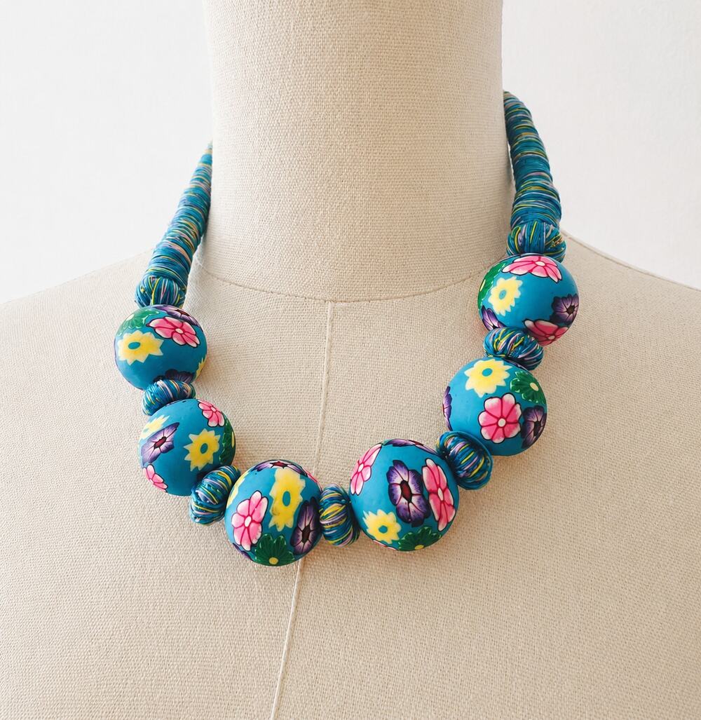 Handmade Clay Beaded Necklace in Blue Floral Statement Accessories